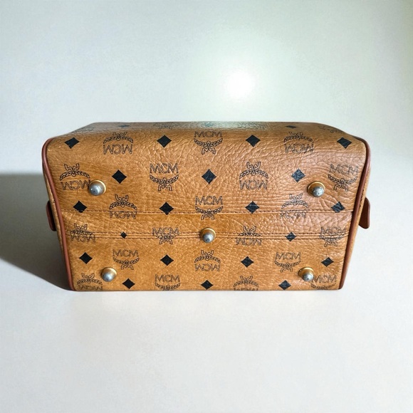 Vintage MCM Visetos Boston Satchel Bag Cognac Monogram Leather Trim - Picture 3 of 7